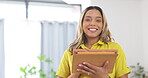 Happy, smile and tablet with a business pregnant woman in her office for research using online resources. Portrait, technology or internet with a female employee working on a project during pregnancy