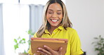 Face, happy and a woman with a work tablet for email communication, office software and networking. Smile, closeup and portrait of an employee reading and typing on technology for business connection