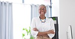 Laughing, business and face of black woman with arms crossed in office with pride for career. Portrait, female entrepreneur and confident, funny or professional person from South Africa with glasses.