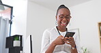 Black woman, phone and laughing for funny joke, meme or online social media post at office. Happy African American female with laugh for texting, chat or fun communication on smartphone at workplace