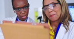 Medical science, teamwork and laboratory with tablet for research, development or innovation. Diversity women together in a lab for scientist discussion, results and study or analysis for future