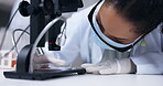 Scientist, blood sample and microscope for covid research in laboratory, testing or dna analysis. Science, doctor and woman with medical equipment for biotechnology, study or petri dish experiment.