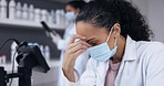 Stress, headache and female scientist in the lab working on a medical innovation project. Healthcare, covid and woman science researcher with migraine doing research in a pharmaceutical laboratory.