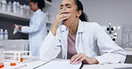 Scientist, tired and woman yawning in laboratory after working on medical research. Doctor, science and person with fatigue, insomnia or sleepy with burnout, overwork or exhausted female workaholic.