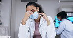 Covid, scientist and woman with headache pain while working on medical research in lab. Science, face mask and doctor with migraine, tired or fatigue, brain fog or exhausted with burnout or stress.