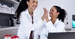 Scientist teamwork, high five and women on laptop after research innovation in laboratory. Science, collaboration and happy doctors with applause to celebrate achievement and medical breakthrough.