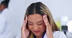 Doctor, tired and a woman with a headache massage, anxiety burnout and massaging temples for relief. Stress, pain and a scientist with a migraine, fatigue and problem with working in a science lab