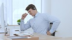 Call center, back pain and man on computer in telecom stress, health problem or telemarketing career. Virtual help desk person in office chair, with fatigue, burnout and spine risk typing on desktop 