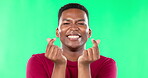 Finger hearts, smile and green screen with black man on studio background for support, love and kpop symbol. Happy, emoji and kindness with male and hand gesture for love, motivation and sign
