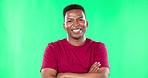 Face, green screen and black man with smile, arms crossed and cheerful against studio background. Portrait, happy male model and cool person with casual fashion, happiness and confidence for profile