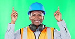 Construction worker, happy black man point and green screen, marketing and product placement. Mockup, branding and male smile in portrait with contractor business advertising on studio background