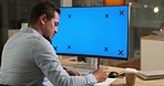 Mockup screen, writing and man with notebook in office for website, research and browse internet at night. Corporate, business and male worker on monitor for planning, project strategy and branding