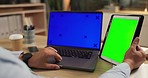 Green screen, laptop and man on tablet in office online for website, research and internet at night. Corporate, business and male worker working on technology for web design, network and branding