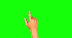 Swiping, invisible and an interactive hand on a green screen isolated on a studio background. Finger swipe, clicking and a person working on a mockup space backdrop for an personalized experience