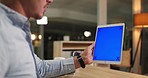Mockup screen, tablet and man in office at desk online for website, research and browse internet at night. Corporate, business and male worker on digital tech for communication, network and branding