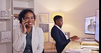 Black woman, computer and phone call in office with business contact or typing online at desk. Professional female working on a pc for communication and networking while happy with team and workplace