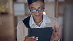 Business woman, happy and tablet in night office for deadline management, corporate tasks and overtime schedule check. Smile, working late and Indian employee on technology for company planner app