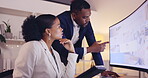 Teamwork, training and business people on computer planning for project, website design or review at night office. Advice, feedback and black woman talking to manager with desktop screen and tablet