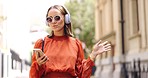 Music headphones, phone and woman dancing in city, having fun or happiness outdoor. Cellphone, dancer and happy person listening, streaming and enjoying radio, audio or sound podcast in urban street.