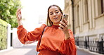 Asian woman, phone and talking on video call in city, live streaming or vlogging. Influencer, cellphone and person on virtual chat in urban street, speaking or discussion outdoor for content creation