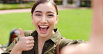 Selfie, hand gesture and face of woman at park taking pictures for social media with happy influencer. Portrait, profile picture and funny person outdoor take pov photo for thumbs up and peace sign.