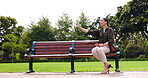 Business, friends and wave with women on park bench for meeting, relax and break. Greeting, hello and hugging with female in outdoors for networking, social and conversation in the morning