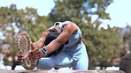 Fitness, outdoor and woman stretching legs, exercise and training for wellness, balance and healthy lifestyle. Female, athlete and girl in park, stretch and practice for motivation,  energy or cardio