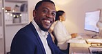 Business, night and face of happy black man in office working late on computer for planning, goals and project. Corporate, manager and portrait of male entrepreneur with confidence, pride and smile