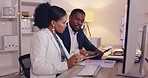 Business, discussion and employees system, corporate training and notes in workplace. African American woman, coworkers and people with development, paperwork for process and explain company rules