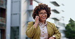 Phone call, talking and business woman in city, speaking or chatting to contact outdoor. Cellphone, happiness and female professional in conversation, discussion or communication in urban street.