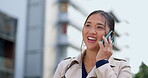 Asian woman, phone call and talking outdoor in city for communication, networking and chat. Business female with a smartphone, network connection or calling contact for conversation on urban travel