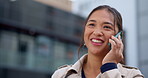 Happy woman, phone call and talking outdoor in city for communication and investor networking. Asian female with a smartphone, network connection or business contact while laughing with travel mockup