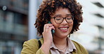 Phone call, laughing and business woman in city, speaking or chatting to contact outdoor. Cellphone, happiness and female professional in conversation, discussion or communication in urban street.