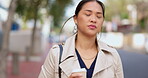 Time, watch and a business woman running in the city on a sidewalk during her morning commute into work. Late, rushing and appointment with an urgent young female asian employee in an urban town