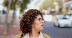 Time, late and a business woman running in the city on a sidewalk during her morning commute into work. Watch, rushing and appointment with an urgent young female employee on an urban town street