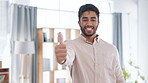 Face, thumbs up and business man in office for success, thank you or okay. Portrait, hand gesture and Indian professional with emoji for agreement, like or ok, yes or approval or support in workplace