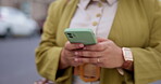 Cellphone, hands and woman walking on street, social media and text messaging outdoor. Phone, business female and person in urban city, networking and online scrolling, travel and web browsing.