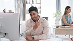 Computer, portrait and glasses with a business man at work, feeling satisfied about the growth of his career. Happy, smile and professional with a young male corporate employee working on a project