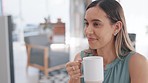 Computer, relax and woman with coffee in office on break while working on proposal, email or design. Tea, lady and corporate emplyee relaxing while checking online project or creative idea research