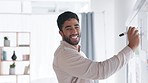 Creative businessman, writing and planning schedule for corporate strategy or brainstorming on glass board. Portrait of happy male in business project plan, statistics or notes for tasks or startup