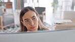 Woman, office and computer for thinking, search or data analysis for problem solving, brainstorming or ideas for report. Female, typing and research with office pc for project, planning and strategy