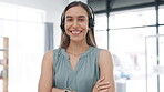 Call center consultant, woman and CRM, face and confidence, happy with arms crossed and contact us. Portrait, telecom and female with smile, customer support or telemarketing with agent and help desk