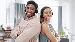 Call center employees, team and CRM, confidence and happy with arms crossed, contact us and people with headset. Communication, man and woman in portrait with customer service or telemarketing job