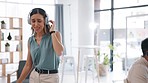 Telemarketing, business woman and dancing from collaboration and music in a office. Call center, workers and female crm employee with happiness and headphones with a happy dance from consultant work