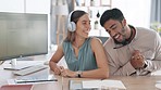Telemarketing, business team and dancing from collaboration and music in a office. Call center, workers and woman crm employee with happiness and headphones with a happy dance together from work