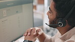 Call center, phone call and man with computer screen and discussion with CRM, customer service or telemarketing. Communication, headset and conversation, male consultant and help desk with advice