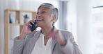 Communication, happy senior woman on phone call in office  and laughing or smiling. Contact or connection, social networking, elderly female having a casual conversation on smartphone at work.
