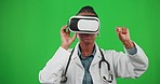 Doctor, green screen or black woman in virtual reality in medical, digital research or online technology. Metaverse, 3d innovation or nurse in studio for healthcare clinic information in vr glasses