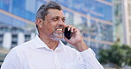 Happy man, senior on business phone call in city with communication, networking or casual conversation outdoor. Male executive in urban street, talking on mobile and corporate contact with technology