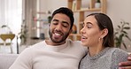 Happy couple, face and selfie of influencer for vlog, social media or live recording relationship on sofa at home. Portrait of man and woman talking in vlogging, online post or lifestyle together